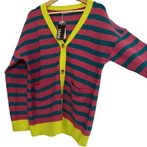 NWT Bold Women’s Striped Cardigan Sweater, Pink Teal Lime Green Button Up, Sz S